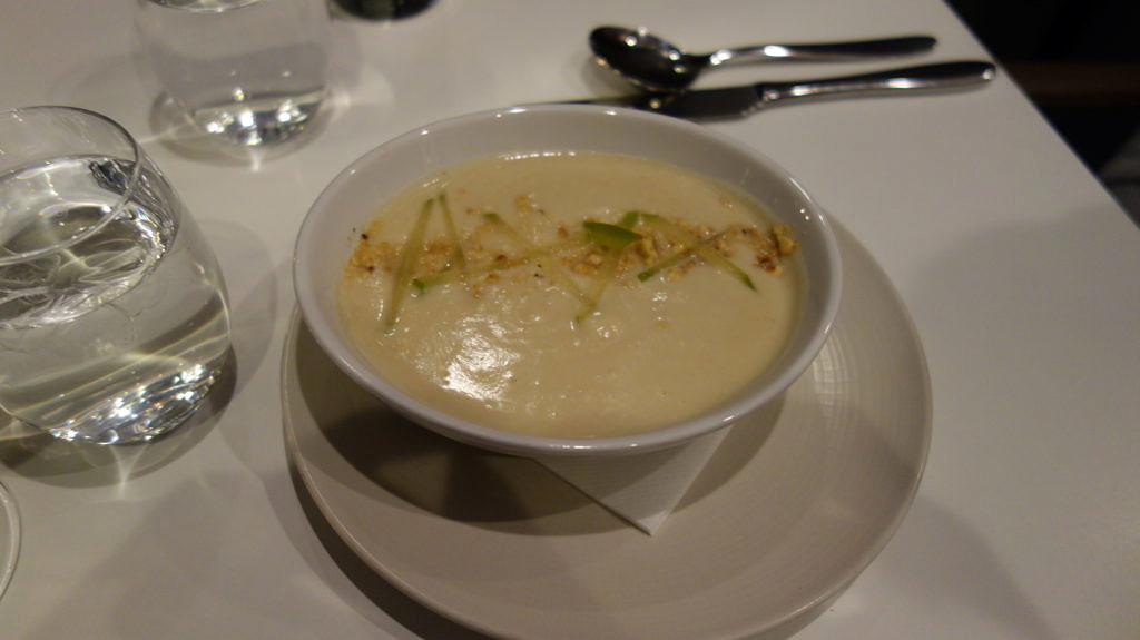 Celeriac and hazelnut soup, compressed apple